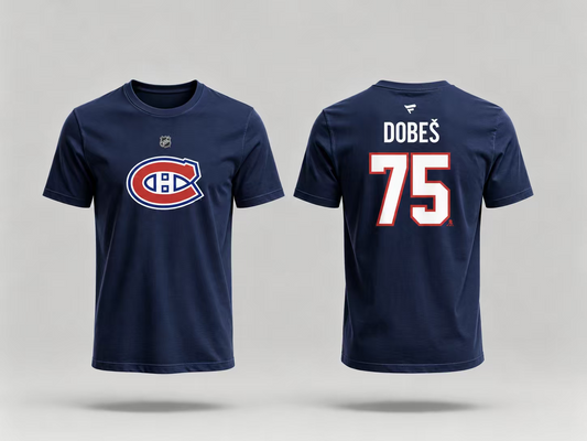 T-Shirt Canadiens Coton Bleu - Dobes #75 bleu marine en coton avec logo Canadiens rouge, blanc et bleu devant, nom et numéro 75 au dos, vue de face et dos.