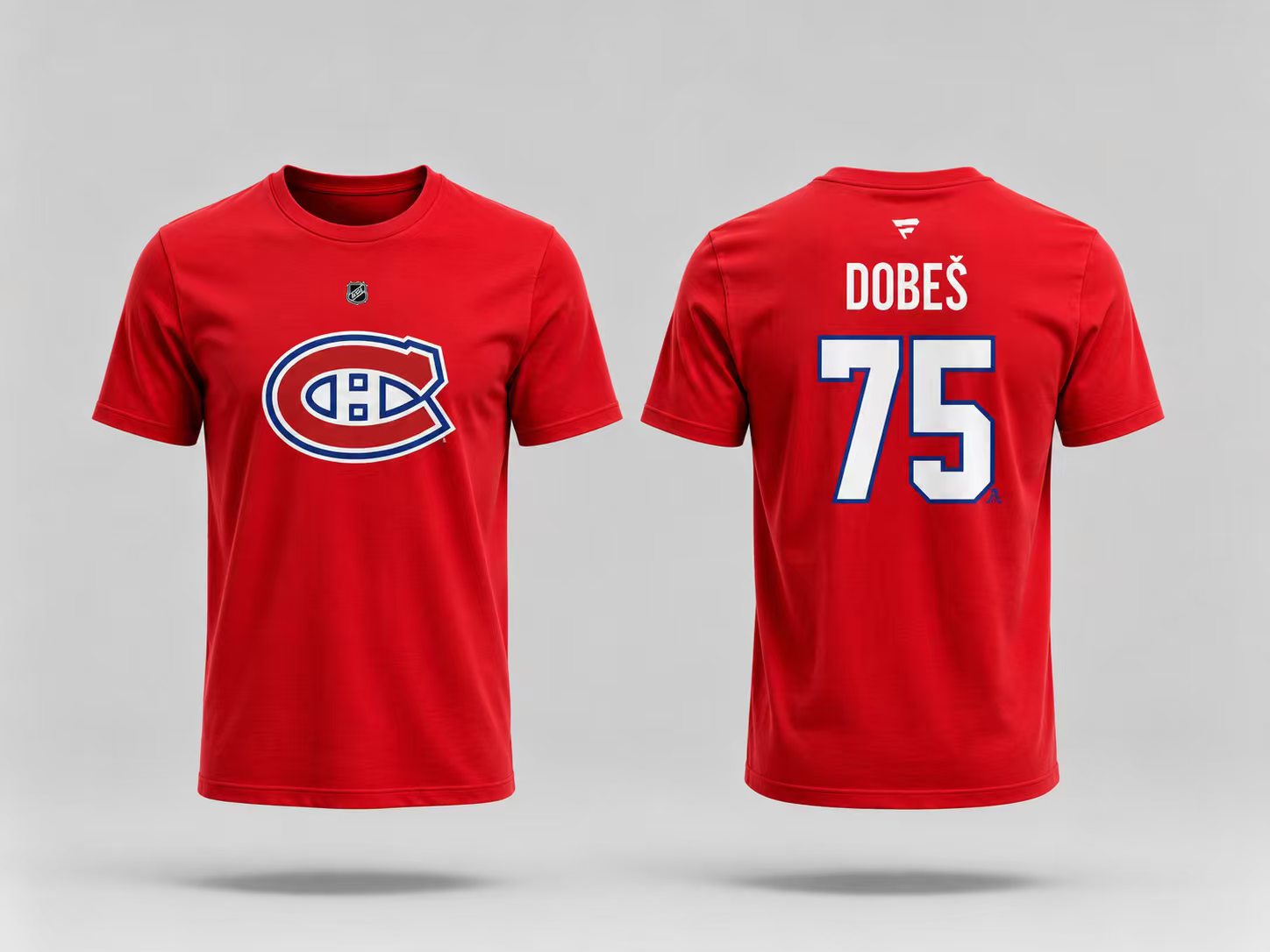 T-Shirt Canadiens Coton Rouge - Dobes #75 en coton rouge avec logo bleu et blanc sur le devant, numéro 75 et nom Dobes au dos, vue avant et arrière.
