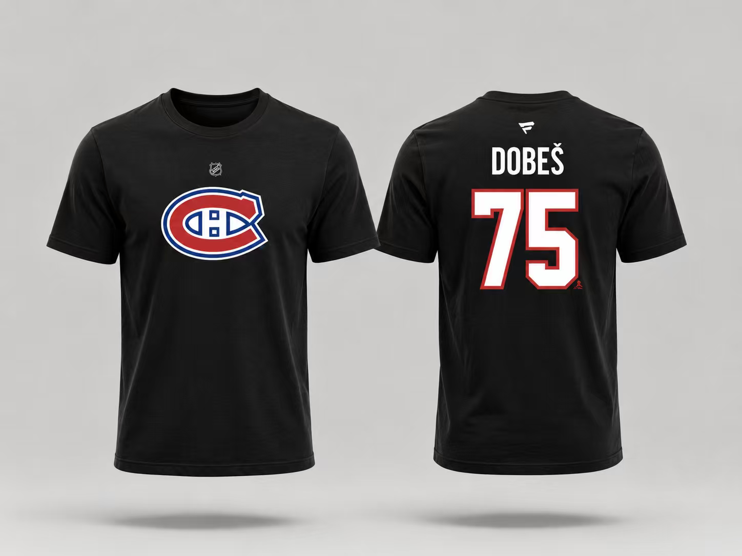 T-Shirt Canadiens Coton Noir - Dobes #75, t-shirt noir en coton avec logo Canadiens bleu, blanc et rouge devant, nom et numéro 75 rouge au dos, vue de face et dos.