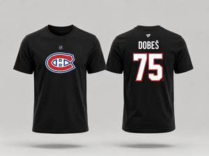 T-Shirt Canadiens Coton Noir - Dobes #75, t-shirt noir en coton avec logo Canadiens bleu, blanc et rouge devant, nom et numéro 75 rouge au dos, vue de face et dos.