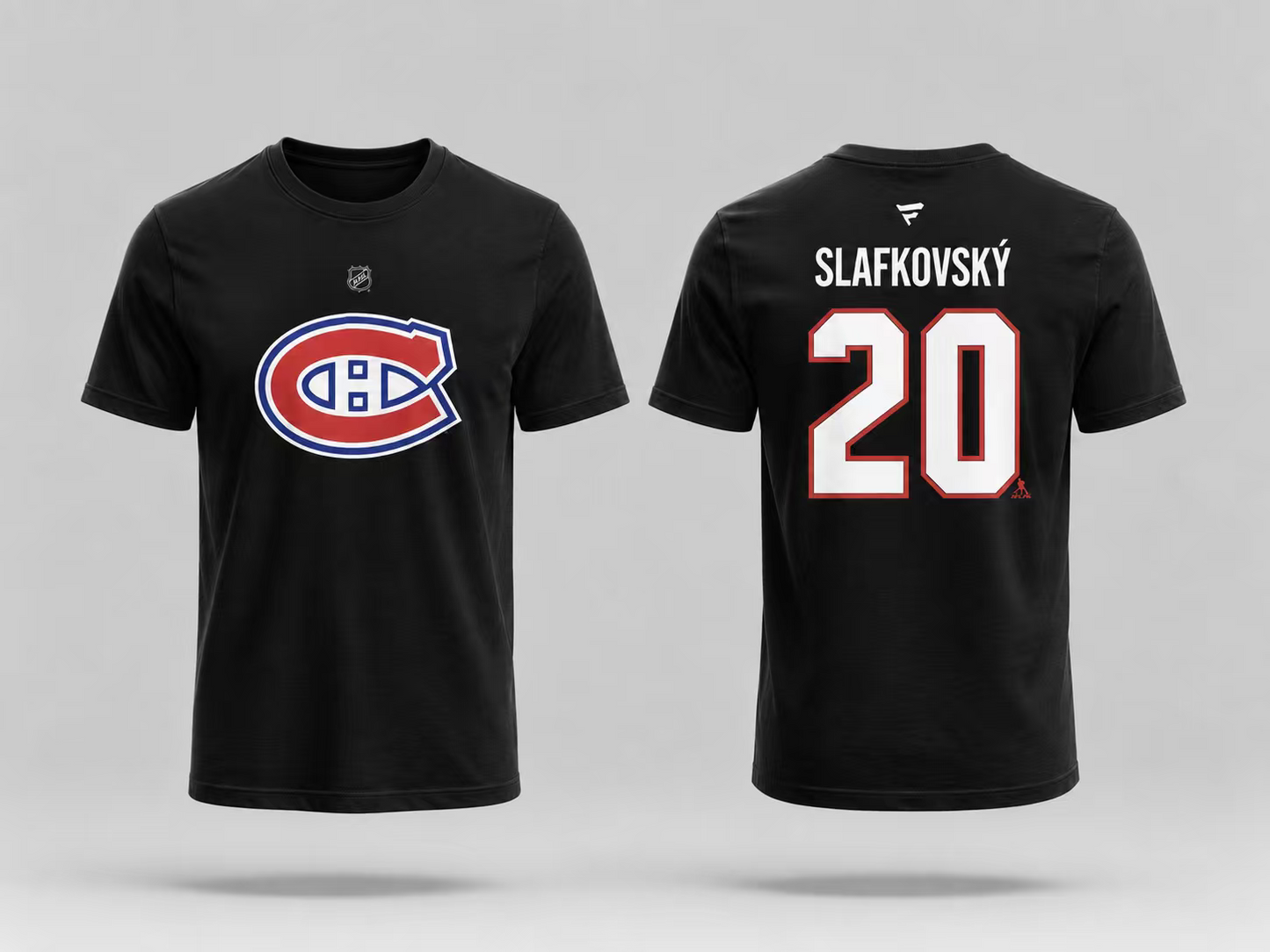 T-Shirt Canadiens Coton Noir - Slafkovsky *3 pour 60$*, noir en coton, logo Canadiens rouge, bleu et blanc sur le devant, nom Slafkovský et numéro 20 en blanc et rouge au dos, vue de face et dos.
