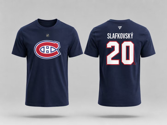 T-Shirt Canadiens Coton Bleu - Slafkovsky *3 pour 60$* en coton bleu marine avec logo Canadiens rouge et blanc devant, nom et numéro 20 au dos, vue de face et dos.