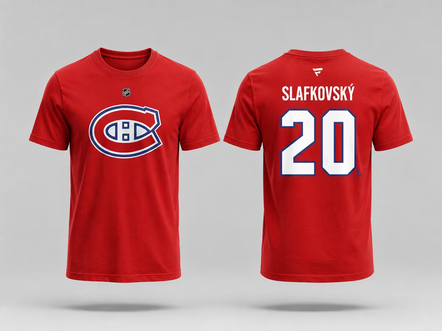 T-Shirt Canadiens Coton Rouge - Slafkovsky *3 pour 60$* rouge en coton avec logo Canadiens devant et nom Slafkovsky numéro 20 au dos, vue face et dos.