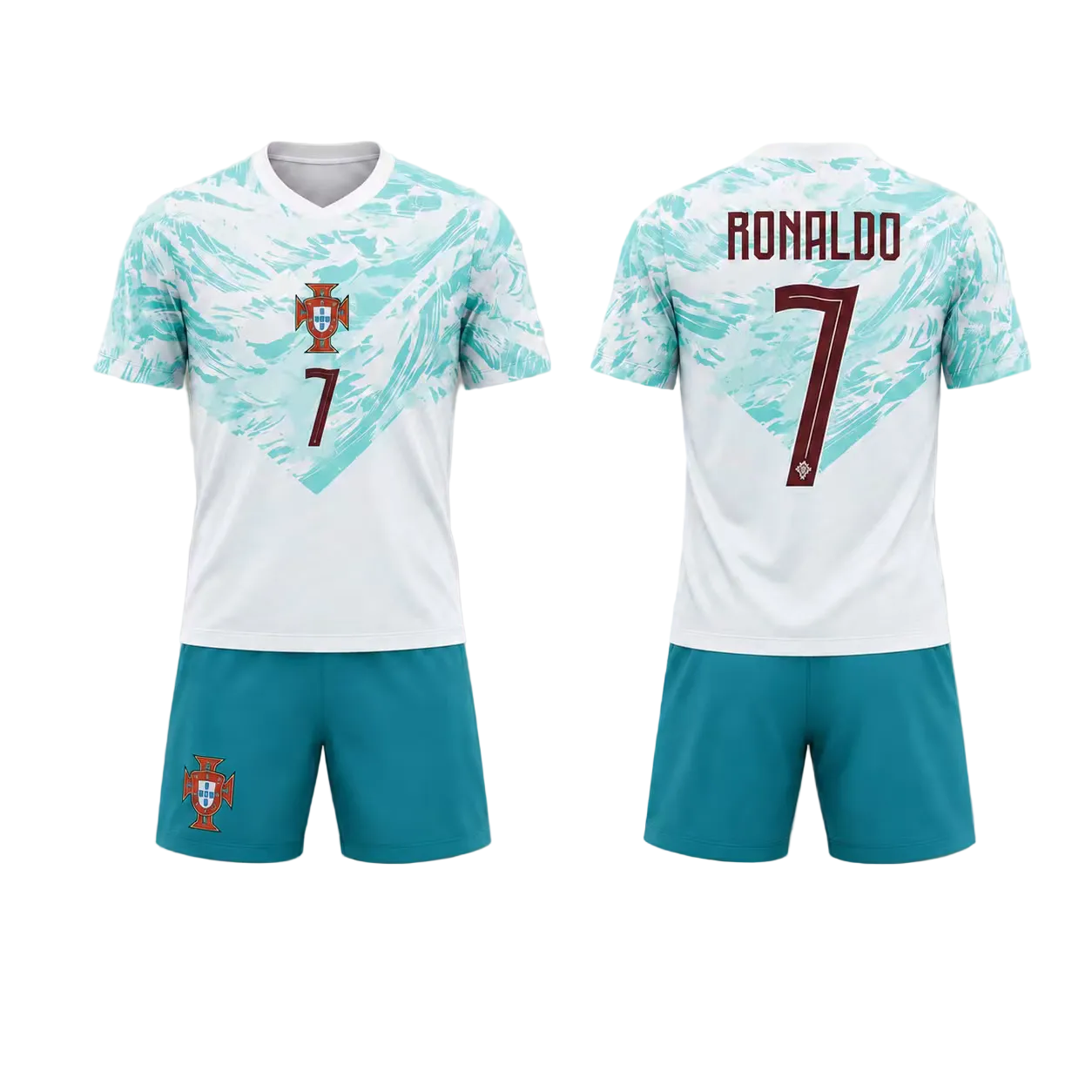 Ensemble de soccer Portugal - Ronaldo pour enfant, maillot blanc à motifs verts et short bleu-vert, vue de face et de dos avec numéro 7 et nom Ronaldo.