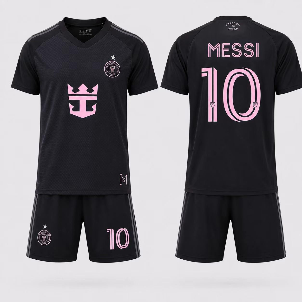 Ensemble de soccer Miami - Messi noir avec détails roses, maillot col V et short assorti, tissu respirant, pour enfant, vue de face et dos.