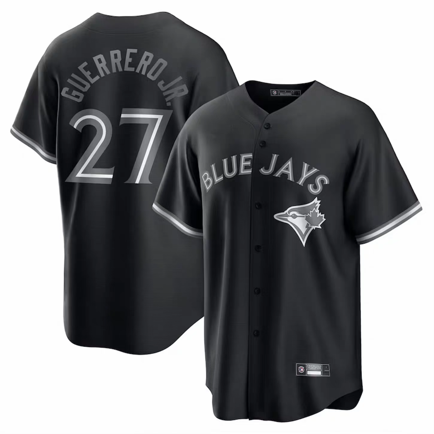 Jersey Baseball - Guerrero Jr Blue Jays Noir en tissu technique noir avec lettrage gris, logo d'oiseau sur poitrine, vue de face et de dos.
