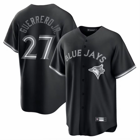 Jersey Baseball - Guerrero Jr Blue Jays Noir en tissu technique noir avec lettrage gris, logo d'oiseau sur poitrine, vue de face et de dos.