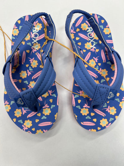 Sandales - Roxy bleues à semelle imprimée fleurs jaunes et feuilles roses, sangle arrière élastique, pour fille, vue de dessus.
