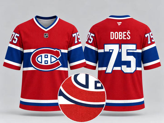 Jersey manches courtes - Dobes - PROMO 2 pour 50$, rouge, bleu et blanc, vues de face et de dos, détail du tissu en maille
