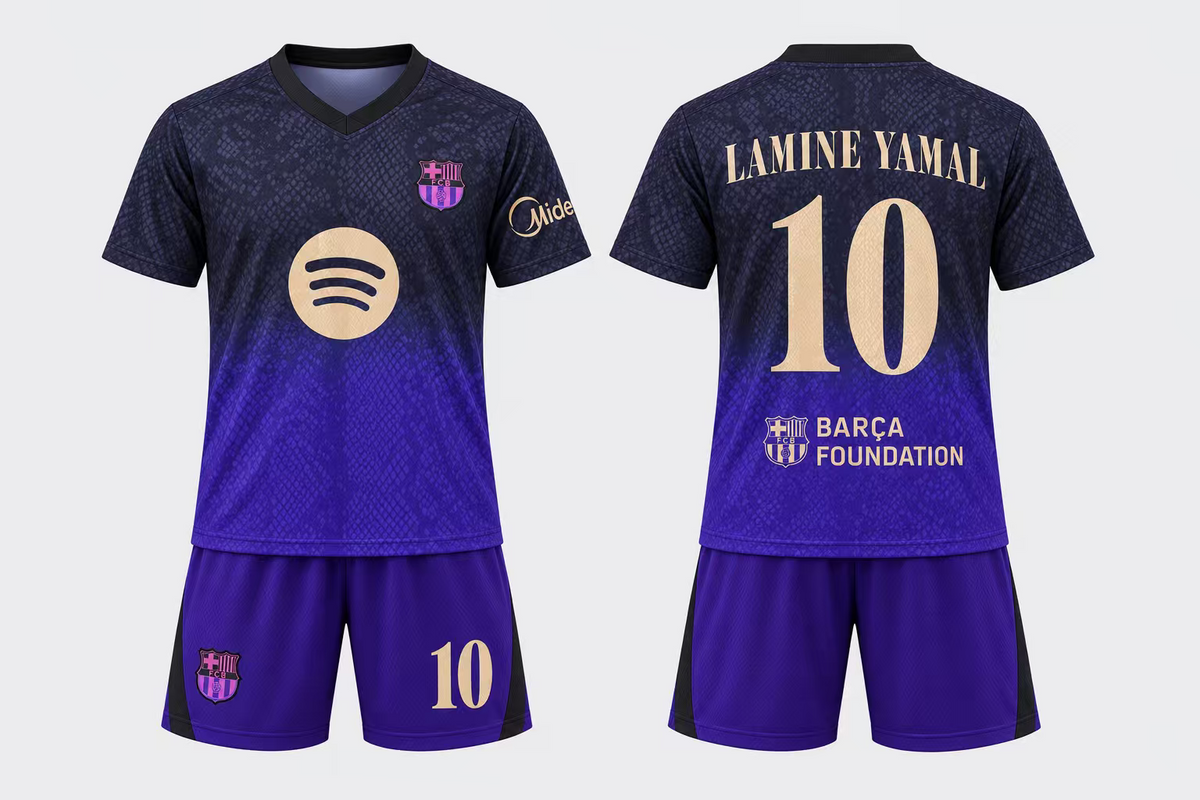 Ensemble de soccer - Lamine Yamal #10 violet et noir, maillot et short, vues de face et de dos