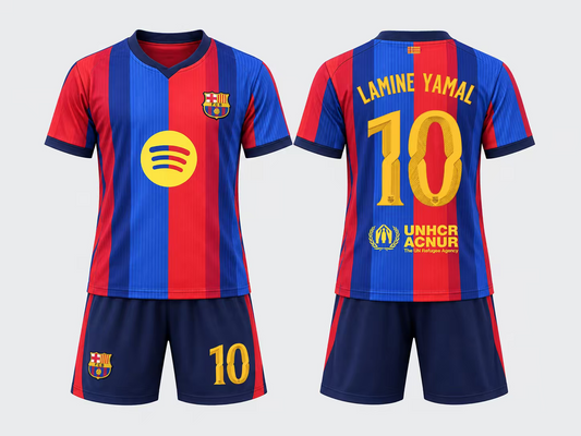 Ensemble de soccer - Lamine Yamal #10 rouge et bleu avec maillot et short assorti vue de face et de dos