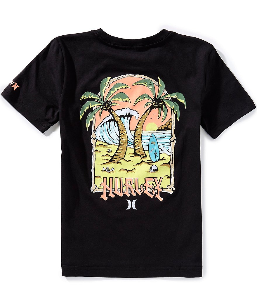 T-Shirt - Hurley noir en coton avec motif plage, palmiers verts, vague bleue et coucher de soleil, vue de dos