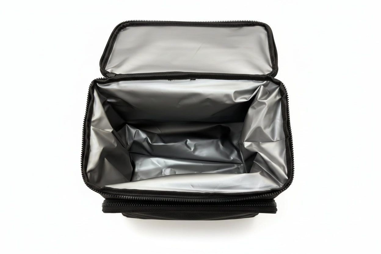 Sac isotherme noir à ouverture zippée, intérieur doublé en matière argentée isolante, vue de dessus ouverte.