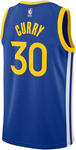 Camisole Warriors - Curry bleu et jaune en polyester, style sportif sans manches, vue de dos avec numéro 30 et nom Curry.