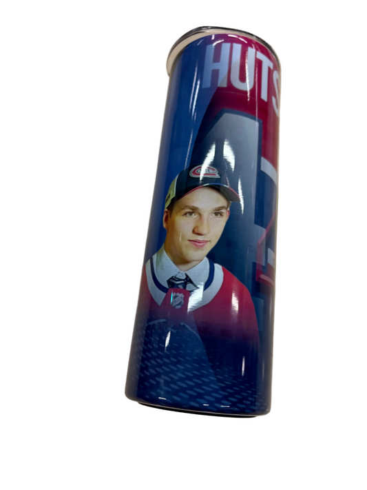 Bouteille isotherme - Hutson bleu marine et rouge avec portrait de Hutson et motif sportif, vue de face