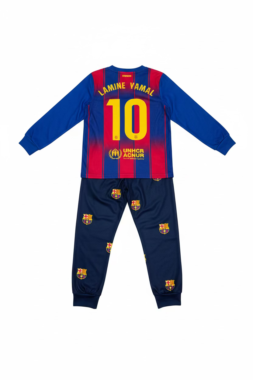 Pyjama - Lamine Yamal avec haut à manches longues bleu et rouge à rayures verticales, numéro 10 jaune au dos, pantalon bleu marine avec logos, pour enfant, vue de dos.