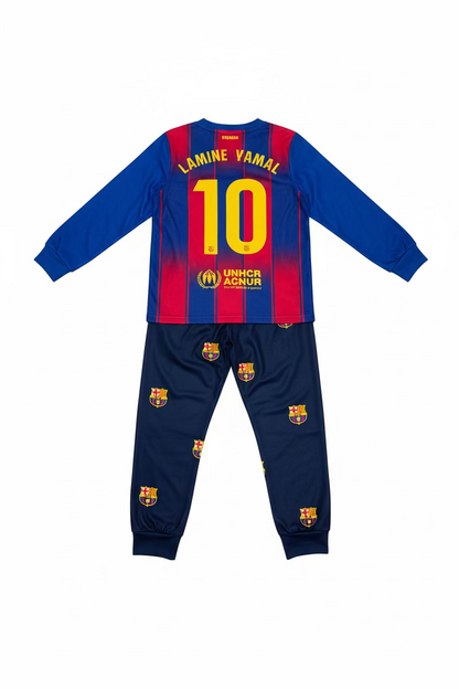 Pyjama - Lamine Yamal avec haut à manches longues bleu et rouge à rayures verticales, numéro 10 jaune au dos, pantalon bleu marine avec logos, pour enfant, vue de dos.