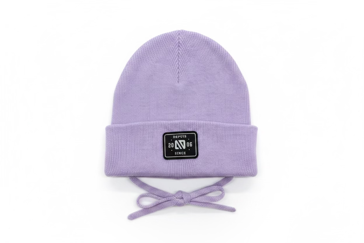 Tuque Mi-Saison - Nanö en tricot lilas avec étiquette noire, lien à nouer, pour enfant, vue de dessus.