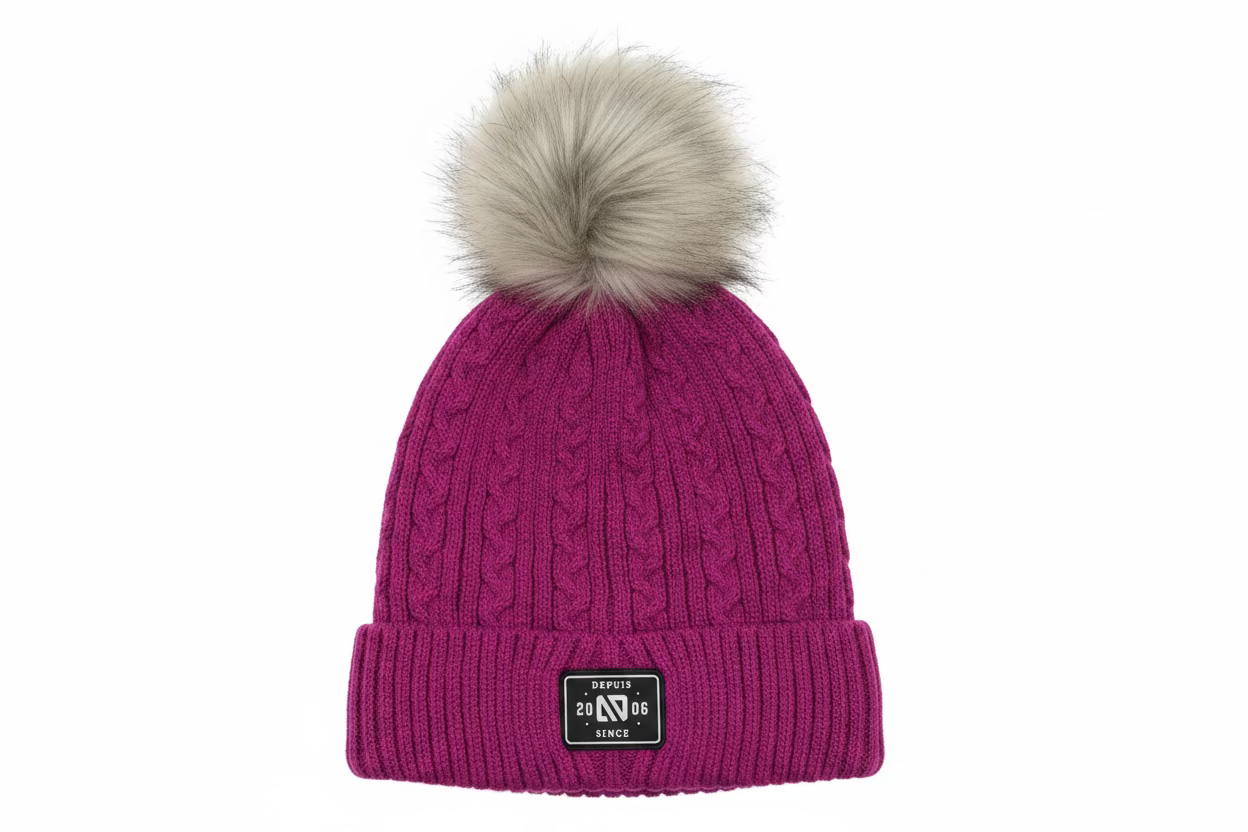 Tuque d'hiver - Nanö en tricot violet avec pompon en fausse fourrure beige, pour enfant, vue de dessus.