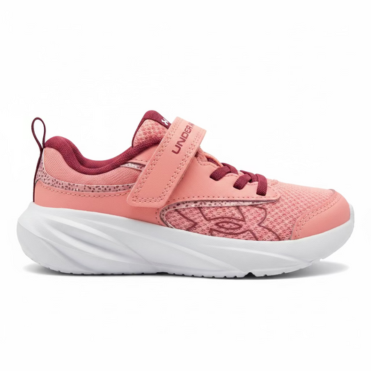 Espadrilles GPS Surge - Under Armour rose et bordeaux pour enfant, style sportif avec fermeture velcro et semelle blanche, vue de profil côté latéral.