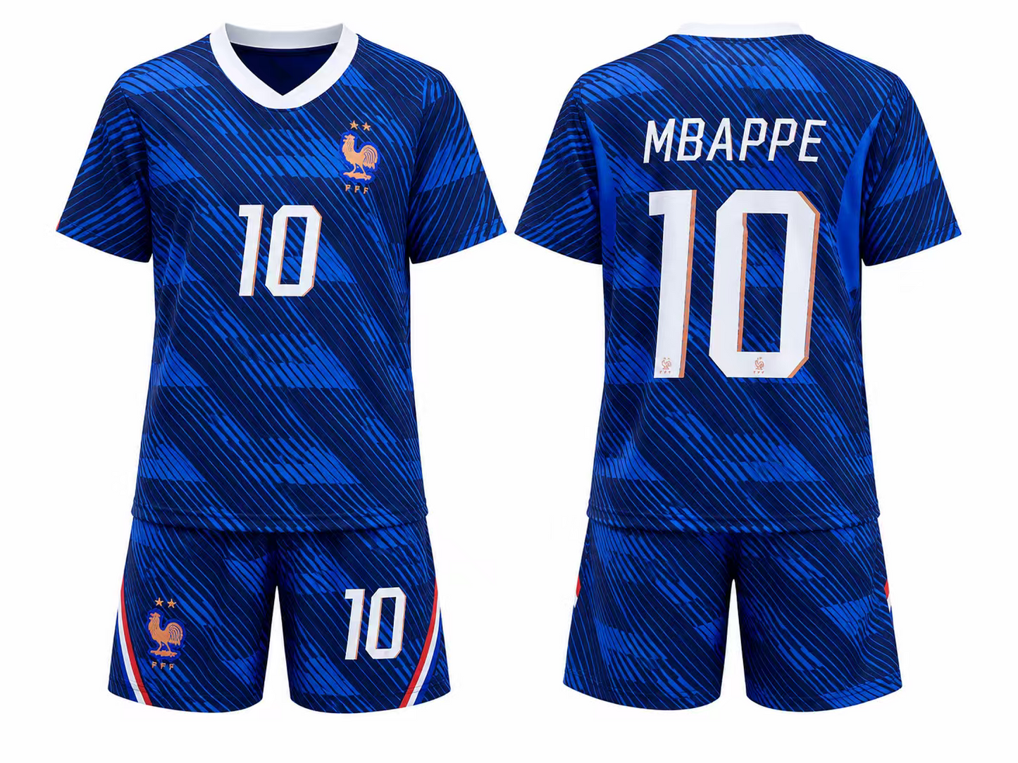Ensemble de soccer France - MBAPPÉ composé d’un maillot et short bleus à motifs géométriques noirs, col en V blanc, numéros blancs, vue de face et dos.