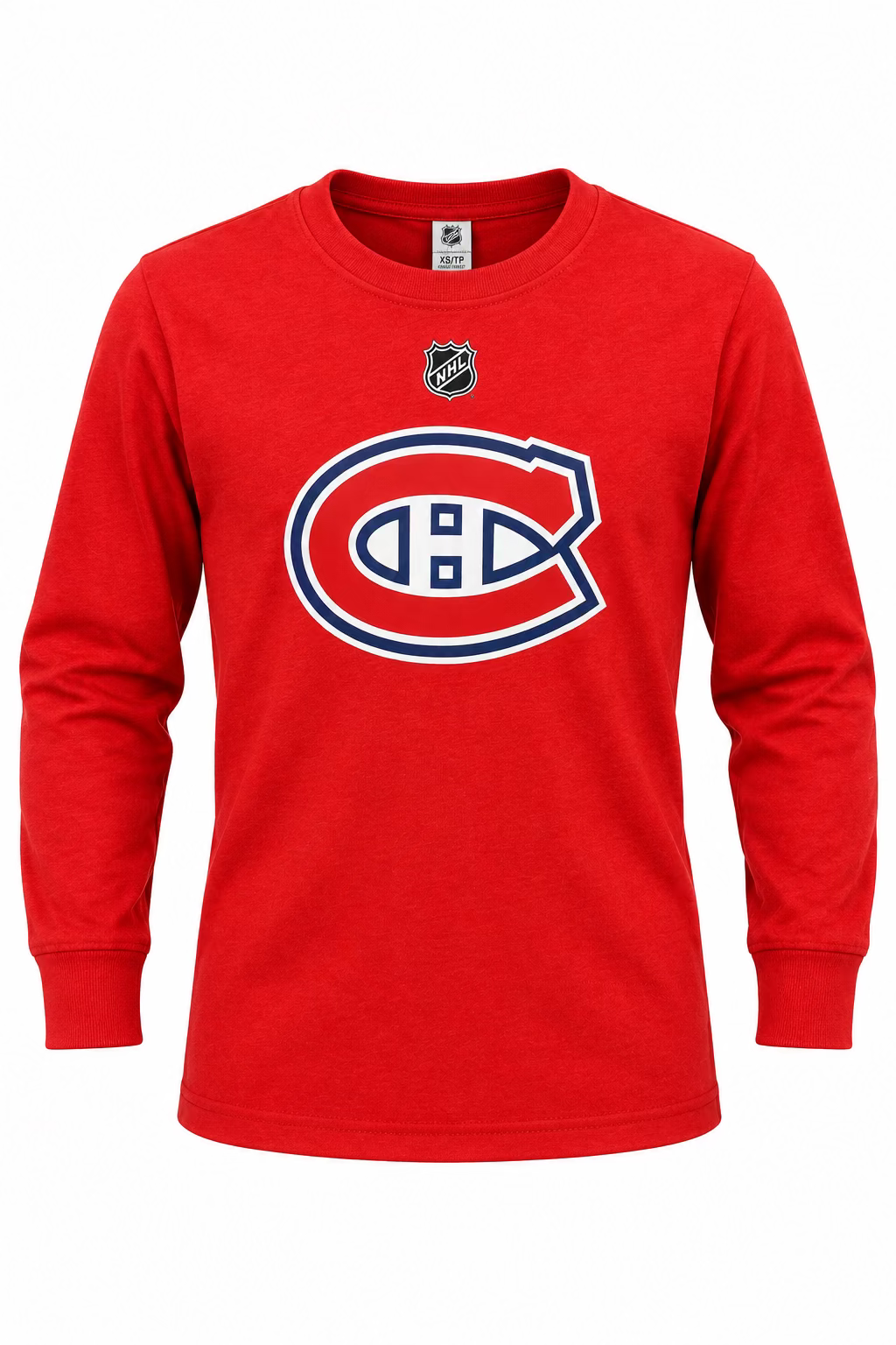 Chandail Caufield rouge à manches longues avec écusson des Canadiens de Montréal et logo NHL vue de face