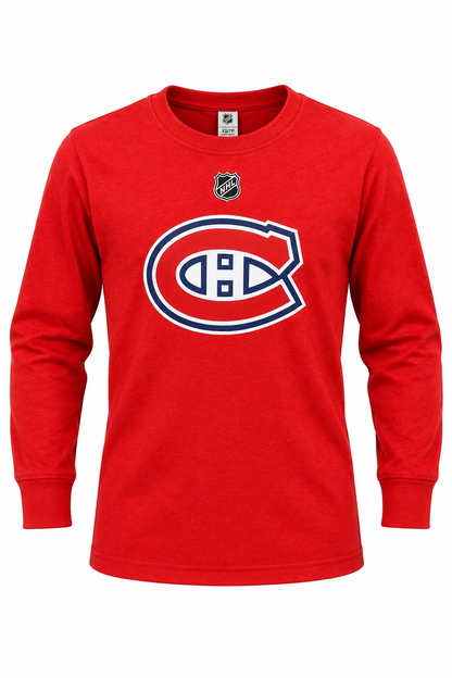 Chandail Caufield rouge à manches longues avec écusson des Canadiens de Montréal et logo NHL vue de face