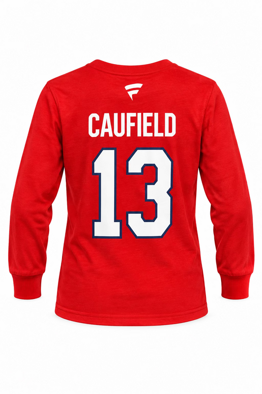 Chandail Caufield rouge à manches longues, nom et numéro 13 imprimés au dos, vue arrière du vêtement en tissu rouge