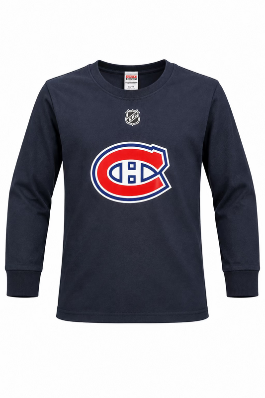 Chandail Caufield bleu marine à manches longues avec logo des Canadiens de Montréal et écusson NHL vue de face