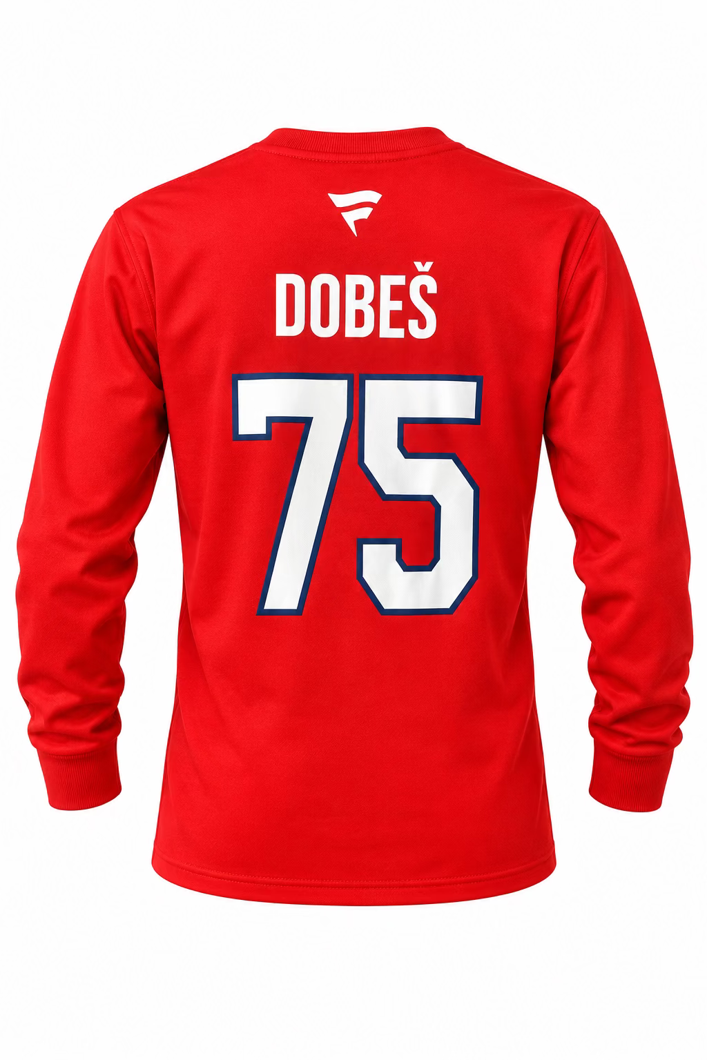 Chandail Dobes rouge à manches longues, inscription Dobes et numéro 75 au dos, vue arrière du vêtement à col rond