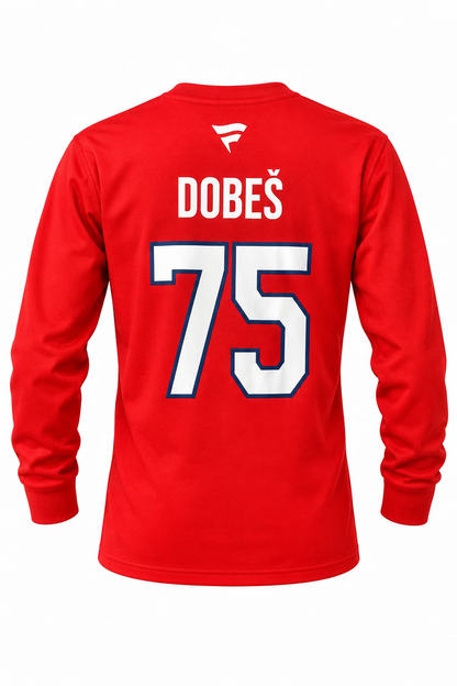 Chandail Dobes rouge à manches longues, inscription Dobes et numéro 75 au dos, vue arrière du vêtement à col rond