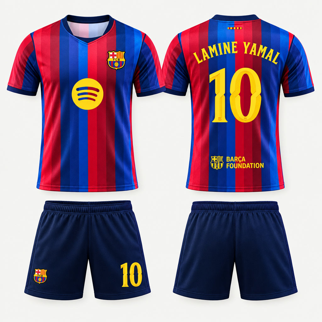 Ensemble de soccer - Lamine Yamal #10 maillot et short bleu marine rouge et violet avec chaussettes assorties vue de face et de dos