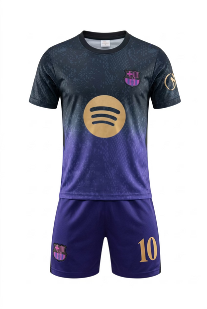 Ensemble de soccer - Lamine Yamal #10 noir et violet avec maillot à manches courtes et short assorti, vue de face