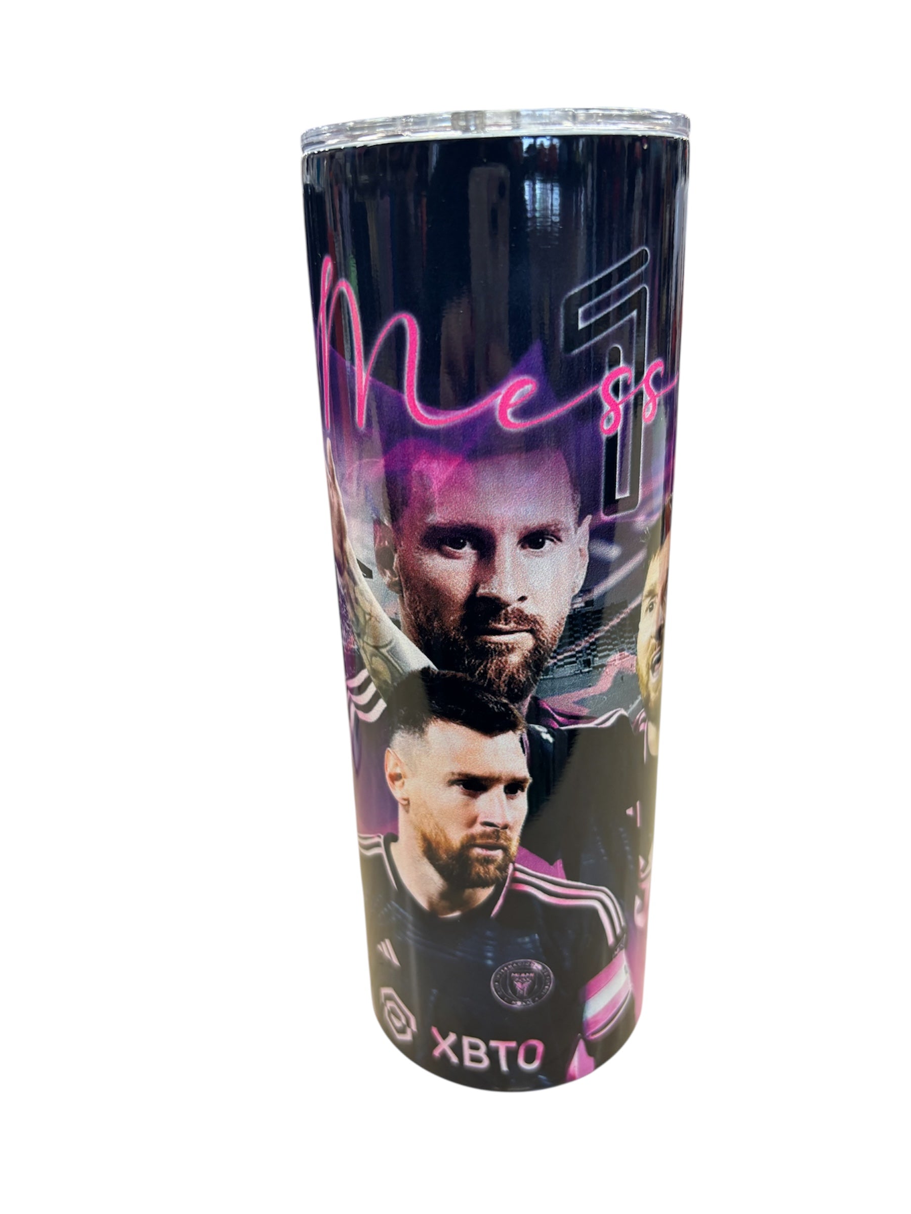 Bouteille isotherme - Messi design noir et violet avec plusieurs portraits de Messi, vue de face, acier inoxydable.