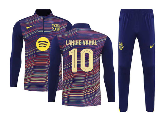 Ensemble de soccer FC Barcelone - Lamine Yamal bleu foncé à manches longues, motifs multicolores, polyester, vue de face et dos enfant.