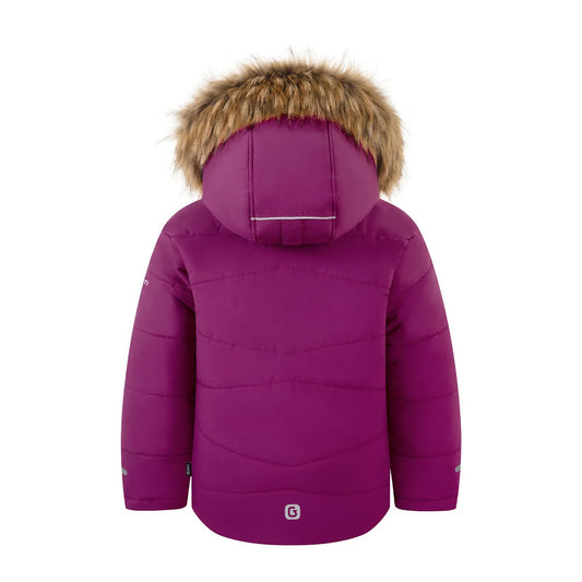 Habit de neige Izzy - Gusti violet pour enfant avec capuchon bordé de fourrure vue de dos