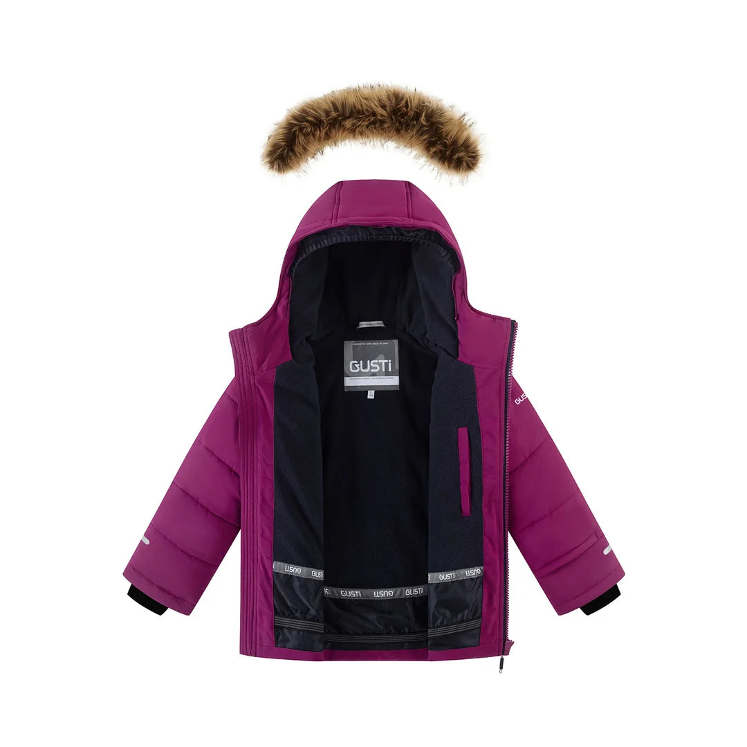 Habit de neige Izzy - Gusti violet avec doublure noire et bordure en fausse fourrure pour enfant vue de face