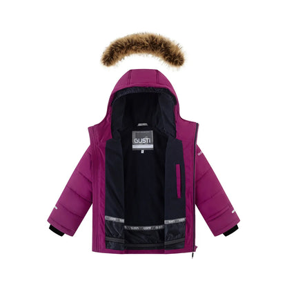 Habit de neige Izzy - Gusti violet avec doublure noire et bordure en fausse fourrure pour enfant vue de face