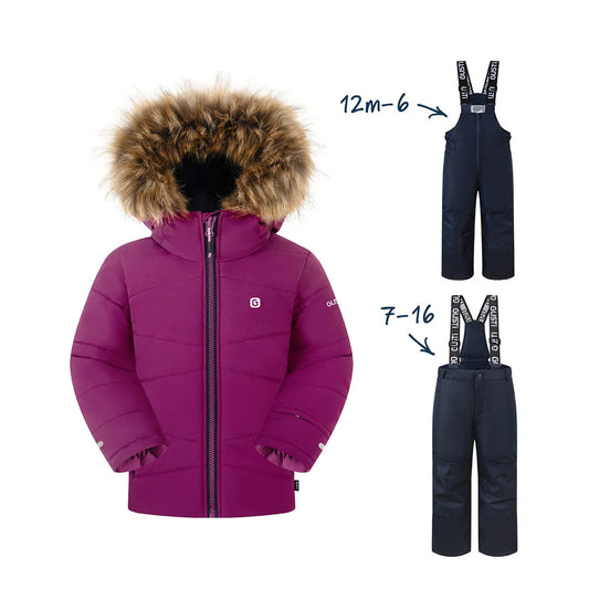 Habit de neige Izzy - Gusti pour enfant, veste prune à capuche bordée de fourrure et pantalon salopette marine, vue de face