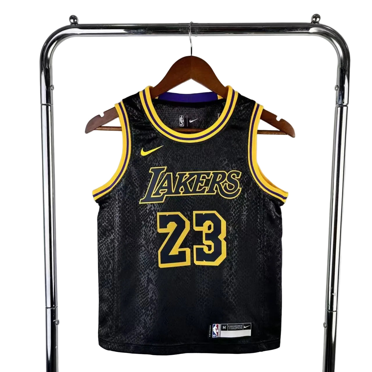 Camisole Lakers - LeBron James noire avec détails jaunes, logo Nike, tissu polyester, style sportif, vue de face sur cintre.