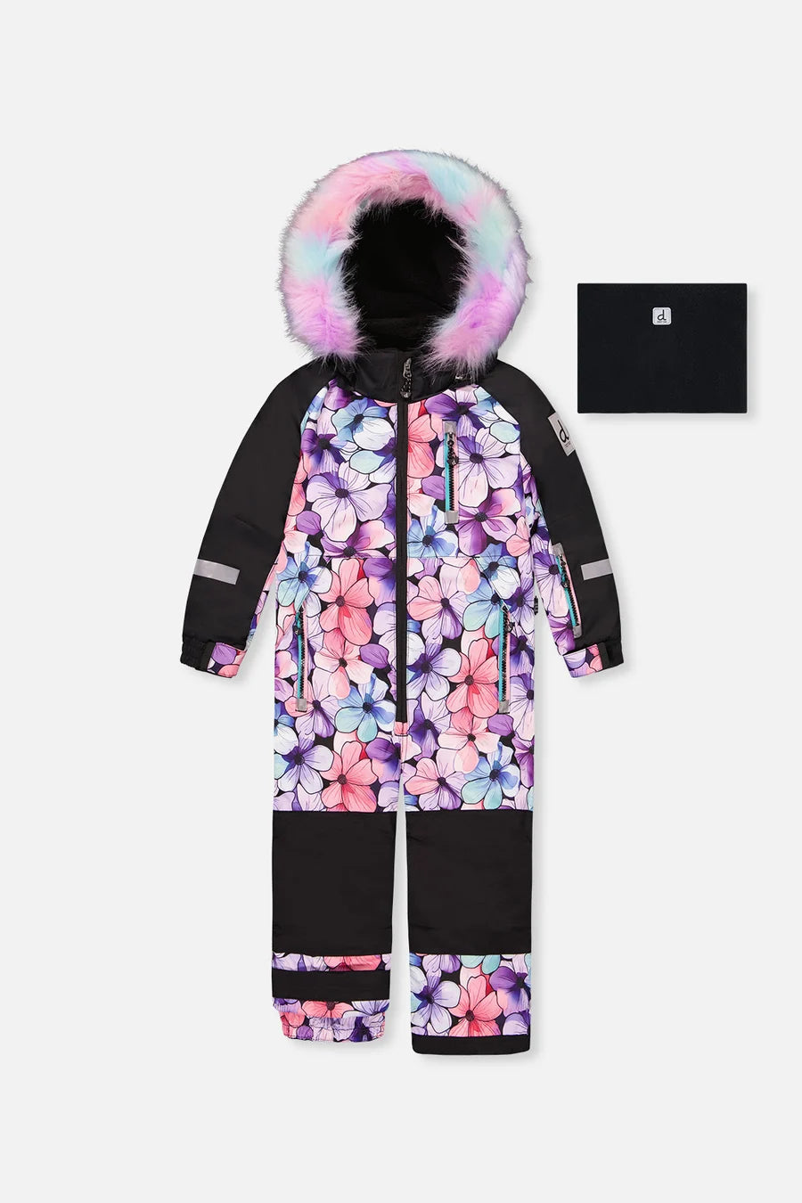 Habit de neige Play - Deux Par Deux à motifs floraux multicolores avec capuchon bordé de fausse fourrure rose et bleue pour enfant vue de face