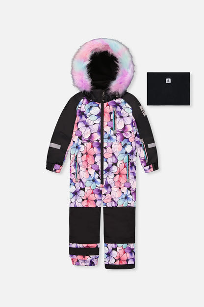 Habit de neige Play - Deux Par Deux à motifs floraux multicolores avec capuchon bordé de fausse fourrure rose et bleue pour enfant vue de face