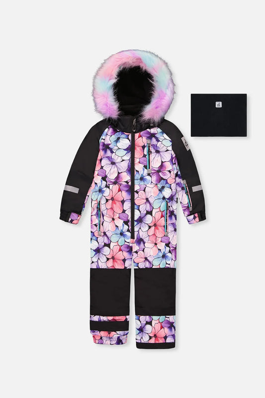 Habit de neige Play - Deux Par Deux à motifs floraux multicolores avec capuchon bordé de fausse fourrure rose et bleue pour enfant vue de face