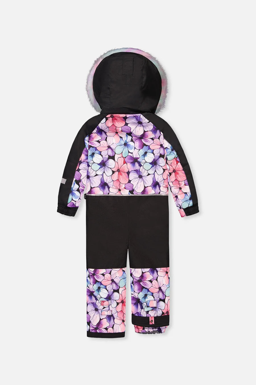 Habit de neige Play - Deux Par Deux noir à motifs floraux roses et violets, avec capuchon, pour enfant, vue de face