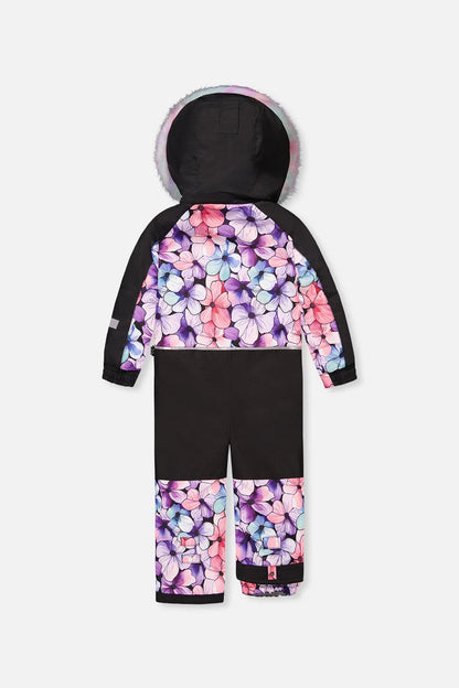 Habit de neige Play - Deux Par Deux noir à motifs floraux roses et violets, avec capuchon, pour enfant, vue de face