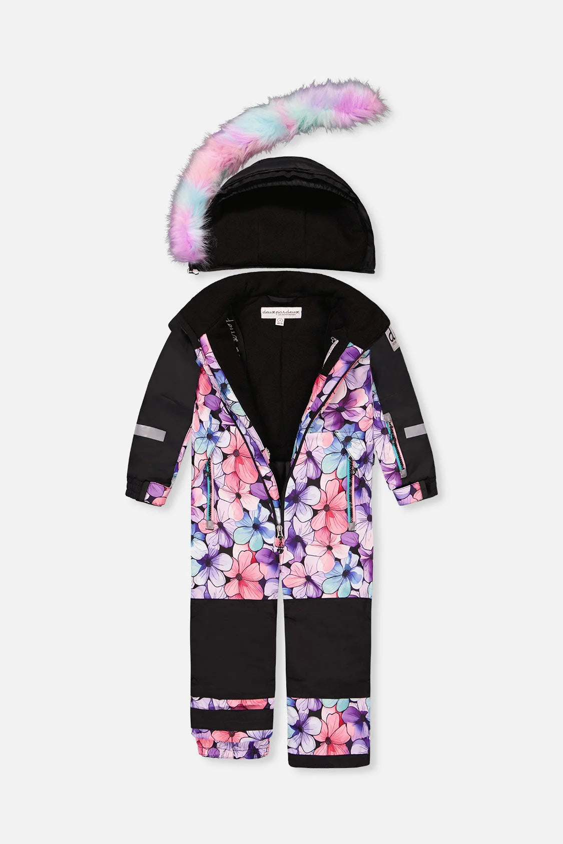 Habit de neige Play - Deux Par Deux noir à motifs floraux multicolores avec bordure en fausse fourrure pour enfant vue de face