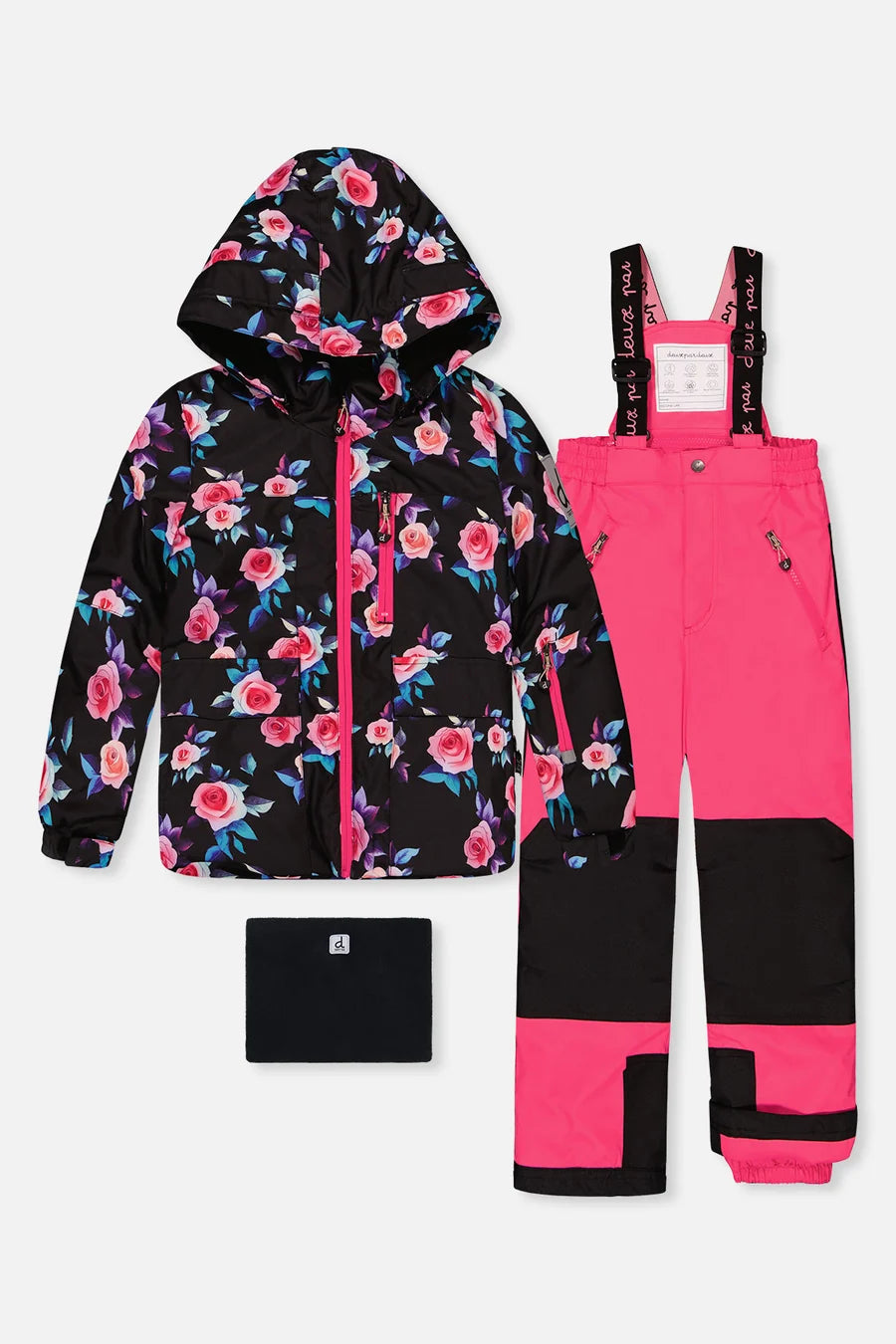 Habit de neige Play - Deux Par Deux avec veste noire à fleurs roses et bleues et pantalon rose et noir pour enfant vue de face