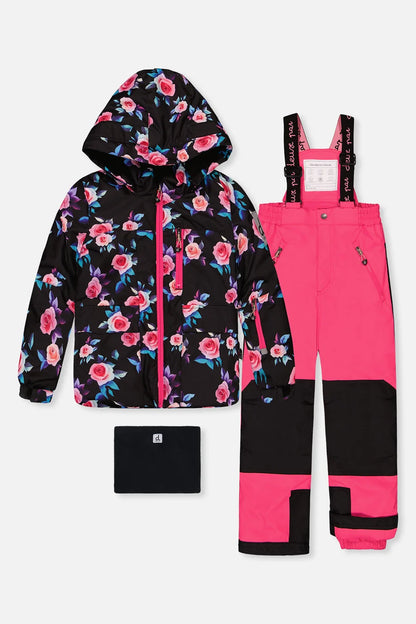 Habit de neige Play - Deux Par Deux avec veste noire à fleurs roses et bleues et pantalon rose et noir pour enfant vue de face