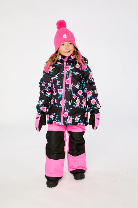 Habit de neige Play - Deux Par Deux noir et rose à motifs floraux pour fille avec tuque et mitaines roses vue de face