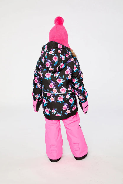 Habit de neige Play - Deux Par Deux noir à fleurs roses avec pantalon et tuque roses pour enfant vu de dos
